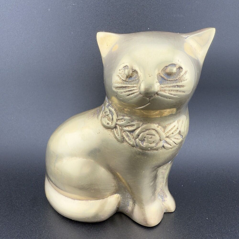 Vintage 1980’s Cat Brass Collar Flowers Statue Figurine Paperweigh 4.5"
